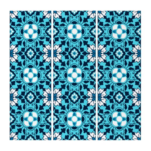 Floral Moroccan Tile Indigo Sky Blue and White Triptych