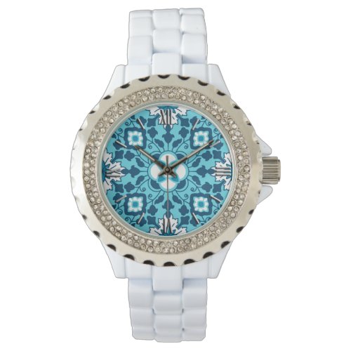 Floral Moroccan Tile Indigo Sky Blue and White Watch