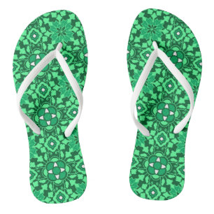 Floral Moroccan Tile, Light and Dark Jade Green Flip Flops