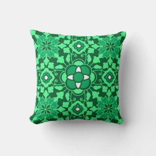 Floral Moroccan Tile, Light and Dark Jade Green Throw Pillow