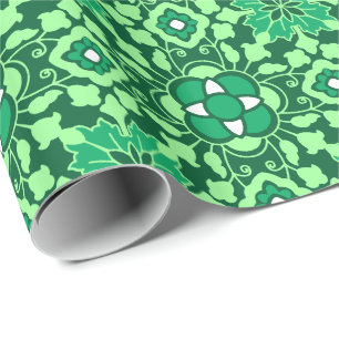 Floral Moroccan Tile, Light and Dark Jade Green Wrapping Paper