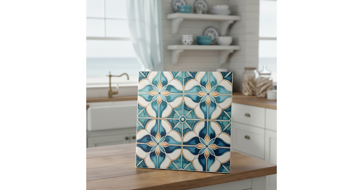 Floral Moroccan Tile Pattern#1 Teal White ID1078 | Zazzle