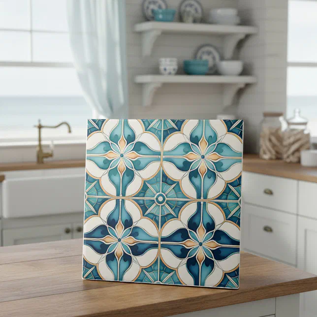 Floral Moroccan Tile Pattern#1 Teal White ID1078 | Zazzle