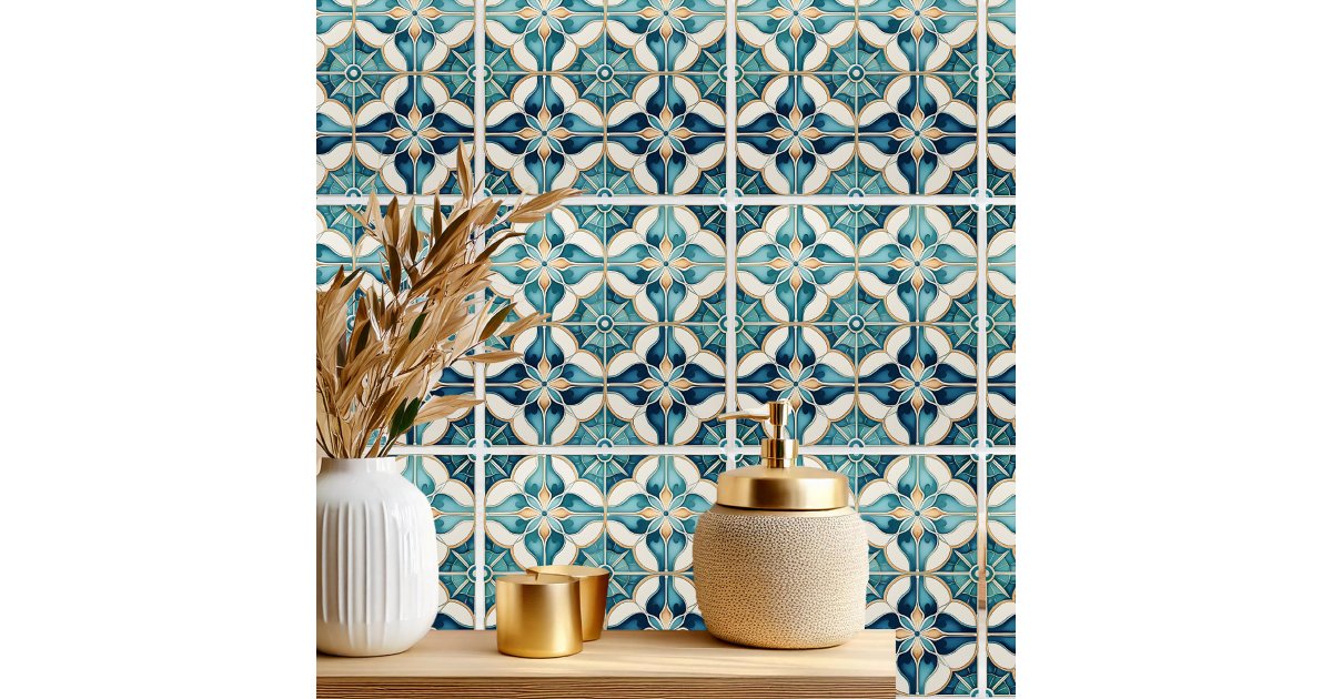 Floral Moroccan Tile Pattern#1 Teal White ID1078 | Zazzle