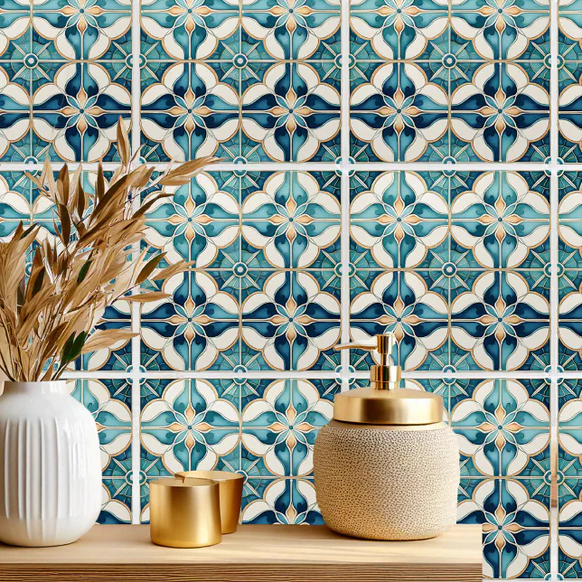Floral Moroccan Tile Pattern#1 Teal White ID1078 | Zazzle