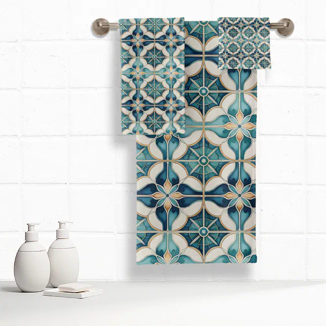 Floral Moroccan Tile Pattern#1 Teal White ID1078 Bath Towel Set | Zazzle