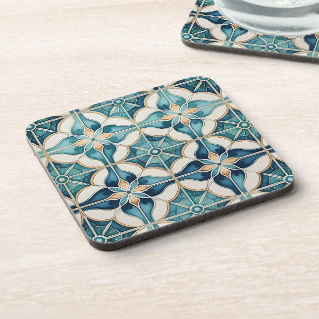 Floral Moroccan Tile Pattern#1 Teal White ID1078 Beverage Coaster (Left Side)