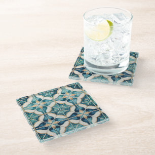 Floral Moroccan Tile Pattern#1 Teal White ID1078 Glass Coaster