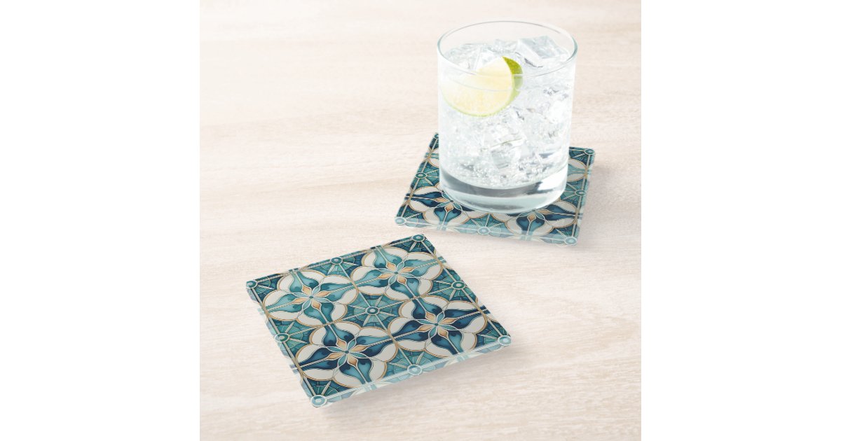 Floral Moroccan Tile Pattern#1 Teal White ID1078 Glass Coaster | Zazzle