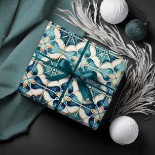 Floral Moroccan Tile Pattern#1 Teal White ID1078 Wrapping Paper