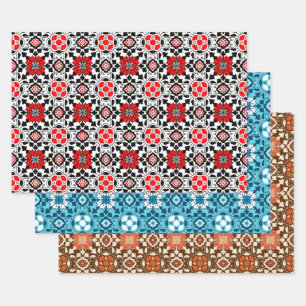 Floral Moroccan Tile, Red/Back, Blue, Rust Wrapping Paper Sheets