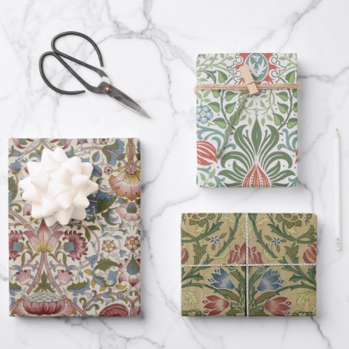 Floral Morris Patterns Red  Blue Flowers Vintage Wrapping Paper Sheets