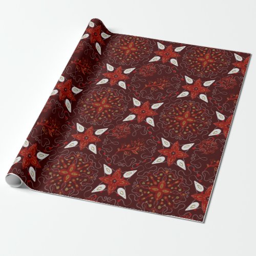 Floral Mosaic Pattern Of Red White On Burgundy Wrapping Paper
