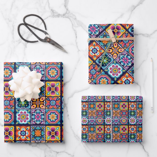 Floral mosaic tile design 8 wrapping paper sheets (Front)
