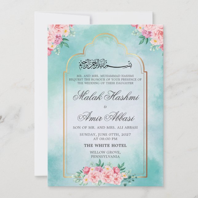 Floral Mosque Gold Blue Islamic Muslim wedding Invitation (Front)