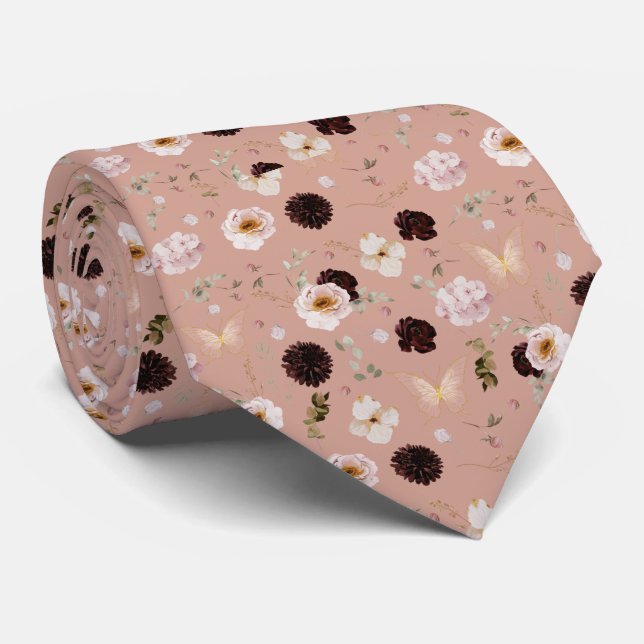 Floral Moth Butterfly Pattern Neck Tie (Rolled)