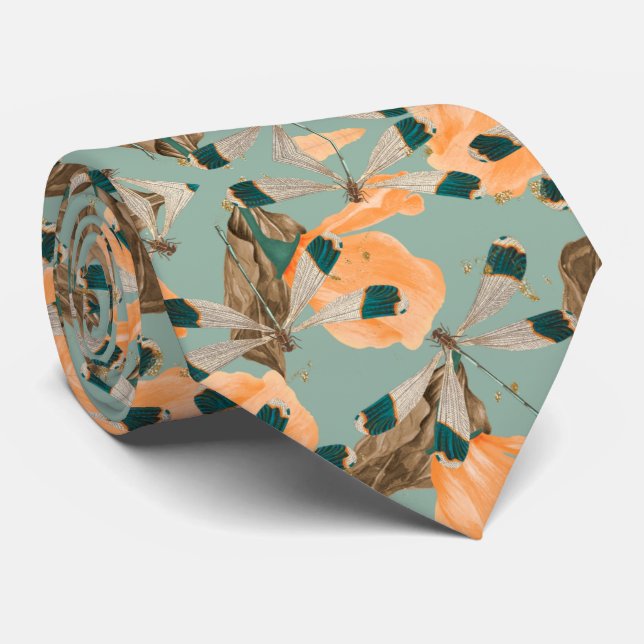 Floral Moth Butterfly Pattern Neck Tie (Rolled)