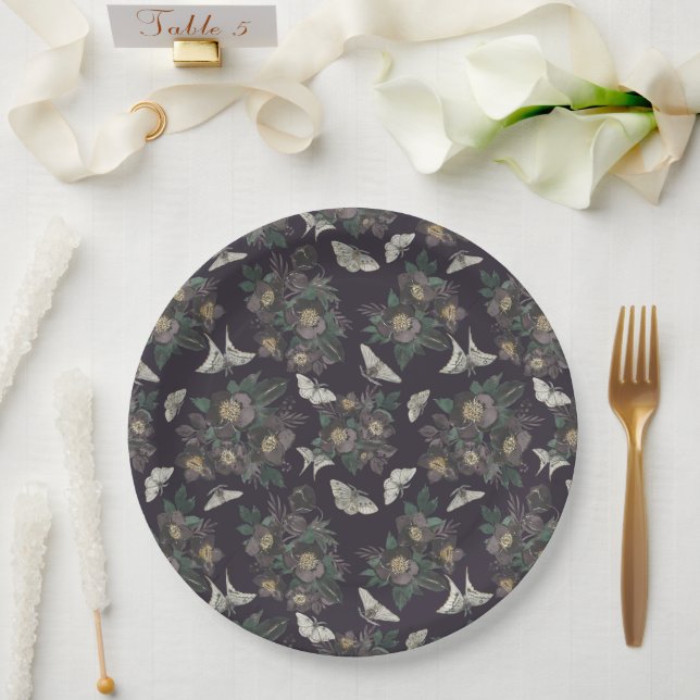 Floral Moth Butterfly Pattern Paper Plates (Wedding)