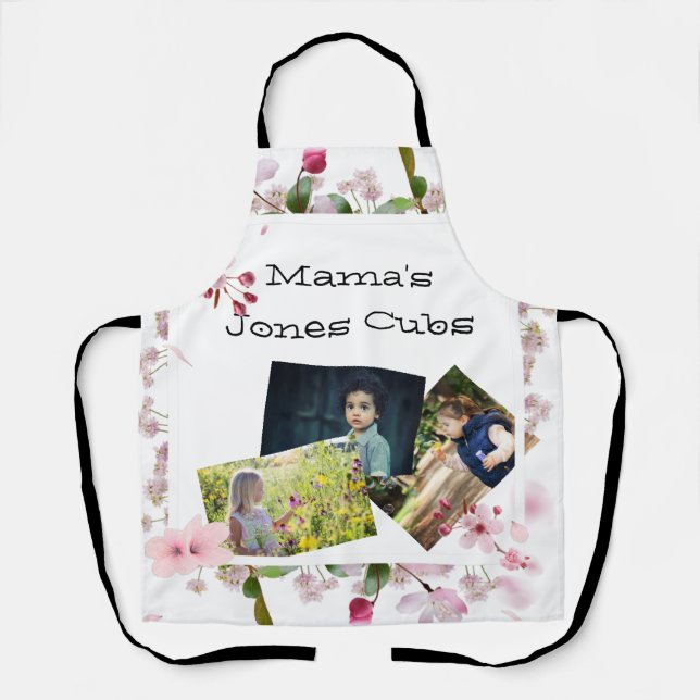 Floral Mother's Day Mama's three photo cubs   Apron (Front)