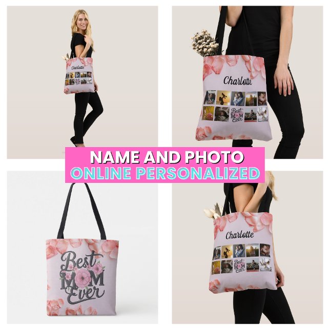 Floral Mother's Photo Collage Script Best Mom Ever Tote Bag (Floral Mother's Photo Collage Script Best Mom Ever Tote Bag)