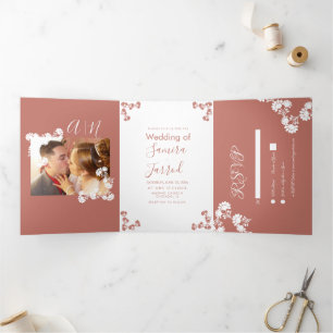 Floral Motif Botanical Salmon Wedding Kraft Tri-Fold Card