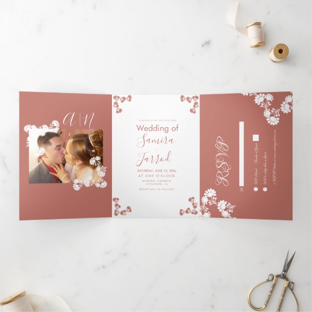 Floral Motif Botanical Salmon Wedding Kraft Tri-Fold Card (Inside)