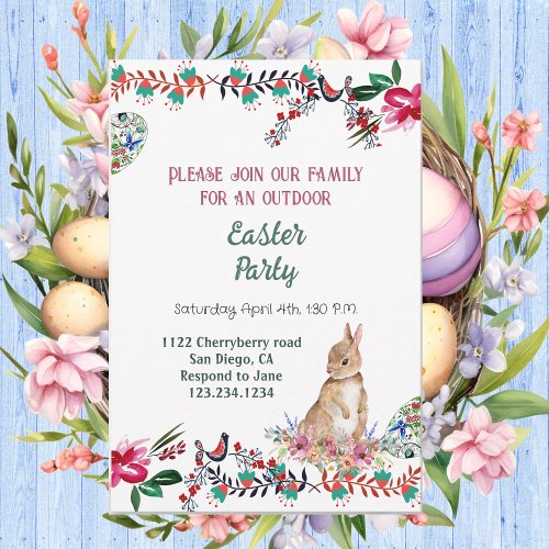 Floral Motif Egg Watercolor Greenery Easter Bunny  Invitation