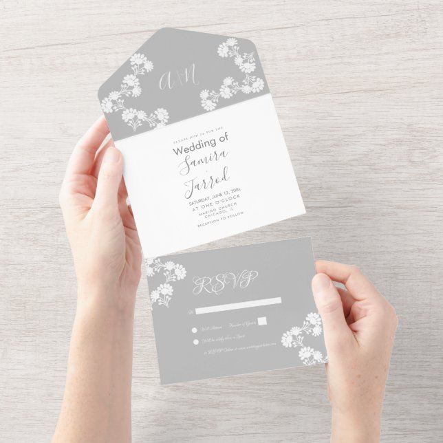 Floral Motif Gray White Wedding  All In One Invitation (Tearaway)