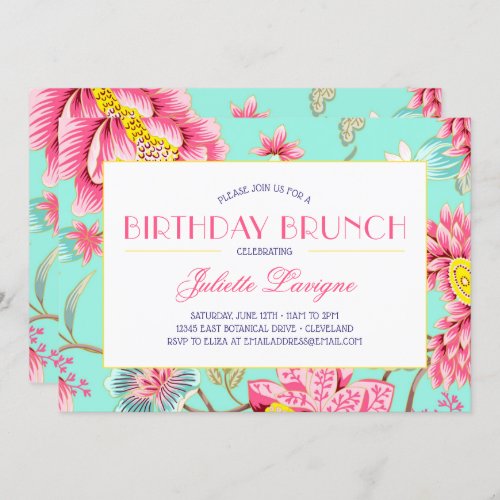 Floral Motif in Pink and Aqua Birthday Invitation