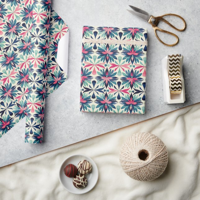 Floral Motif Pattern in Teal, Navy, and Pink Wrapping Paper (Crafts)