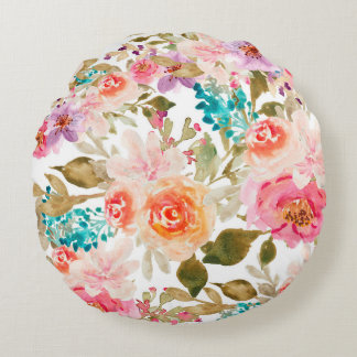 Floral Motifs in Watercolor Round Pillow