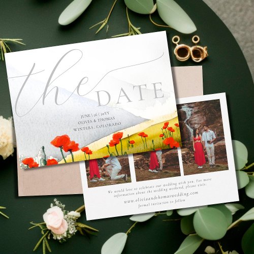 Floral Mountain Poppy Wedding 3 Photos Save Date Invitation