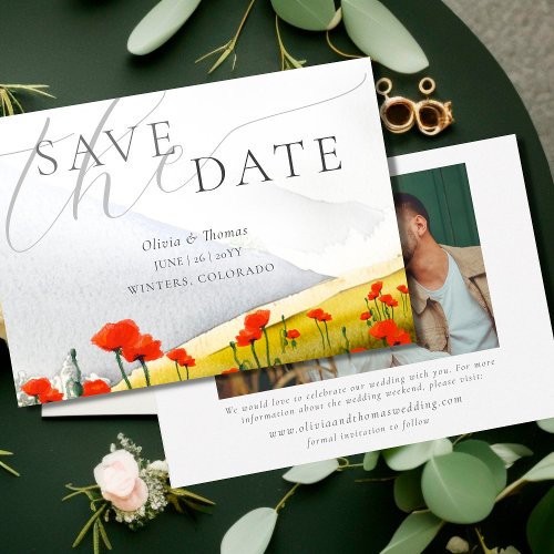 Floral Mountain Poppy Wedding Photo Save the Date Invitation