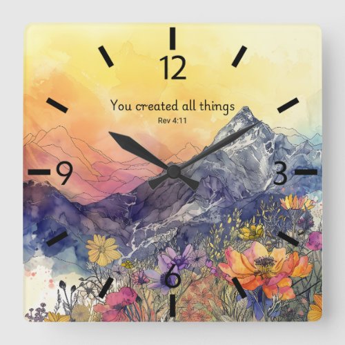 Floral mountain wall clock with bible verse 