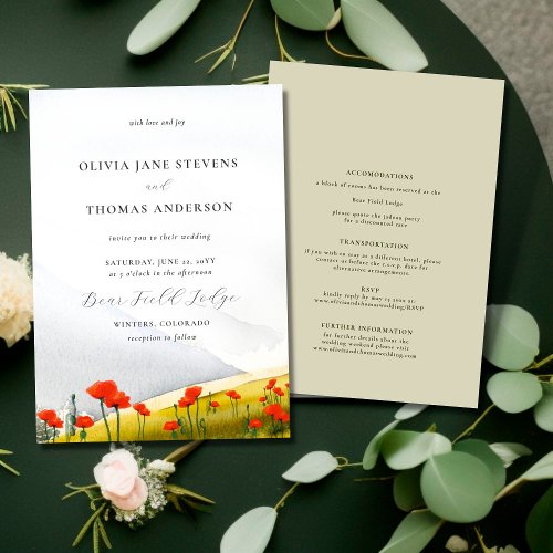 Floral Mountain Wildflower Poppies All One Wedding Invitation