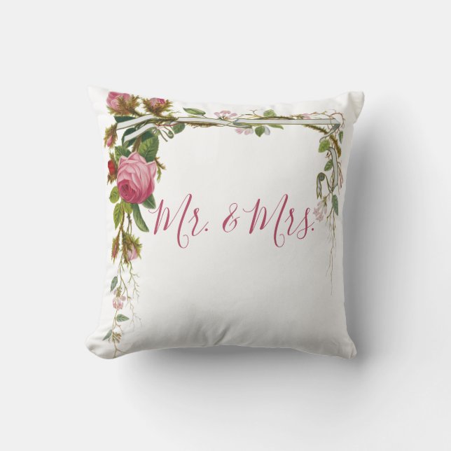 Floral Mr Mrs Wedding Bride Groom Elegant Throw Pillow (Front)
