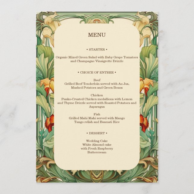 Floral Mucha Art Nouveau Red and Orange Botanical Menu (Front)