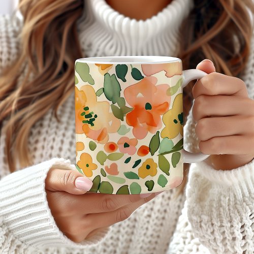 Floral Mug Peach Floral Pattern Mug Watercolor Coffee Mug