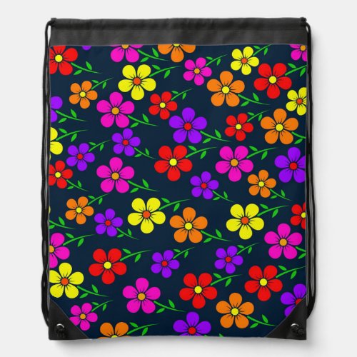 Floral Multicolored Flowers Leaves Pattern Drawstring Bag