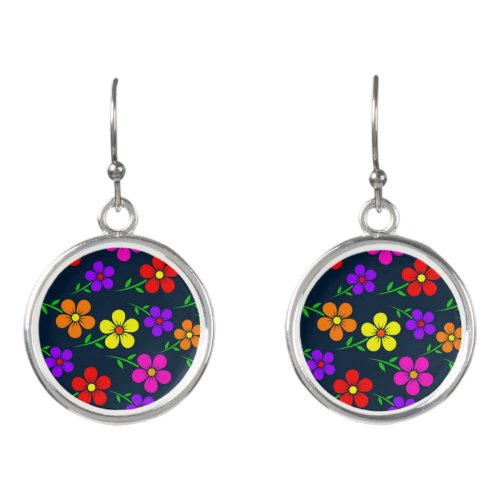 Floral Multicolored Flowers Leaves Pattern Earrings