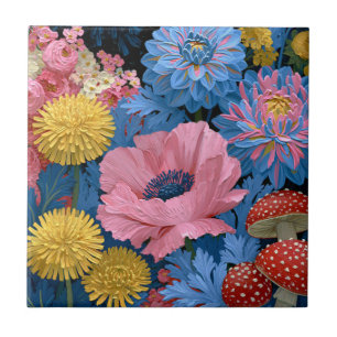 Floral Mushroom Garden in Pink and Blue Ceramic Tile