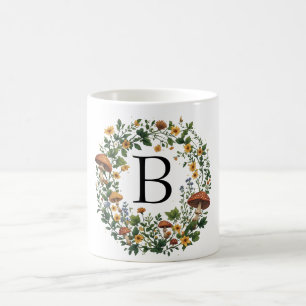 Floral Mushroom Wreath Custom Initial Cottagecore Coffee Mug
