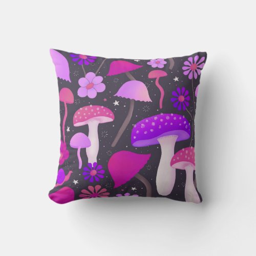 Floral Mushrooms 1970s Pink Purple  Black Throw Pillow