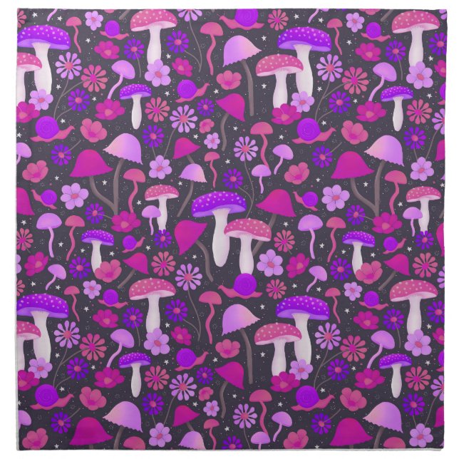 Floral Mushrooms Colorful Pink, Purple & Black Cloth Napkin (Front)