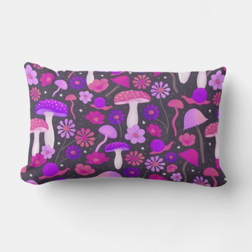 Floral Mushrooms Retro Pink Purple  Black Lumbar Pillow