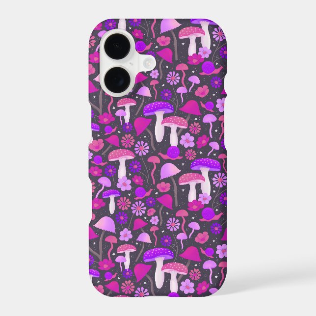 Floral Mushrooms Trippy Pink, Purple & Black iPhone Case (Back)