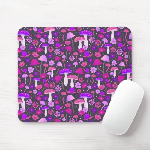 Floral Mushrooms Trippy Pink Purple  Black Mouse Pad