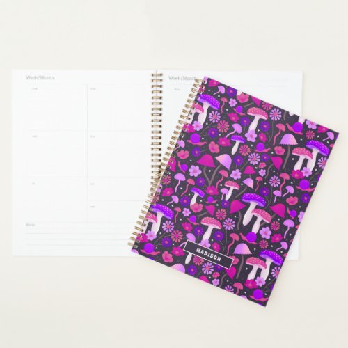 Floral Mushrooms Trippy Pink Purple  Black Planner