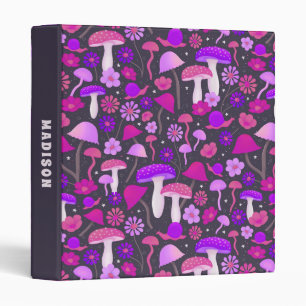 Floral Mushrooms Vibrant Pink, Purple & Black 3 Ring Binder