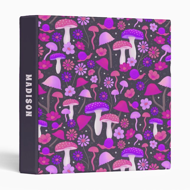 Floral Mushrooms Vibrant Pink, Purple & Black 3 Ring Binder (Front/Spine)